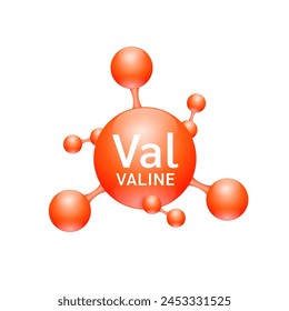 Valine amino acid. Molecules that combine to form proteins nutrients necessary for health muscle. Biomolecules model 3D red for ads dietary supplements. Medical scientific concepts. Vector.