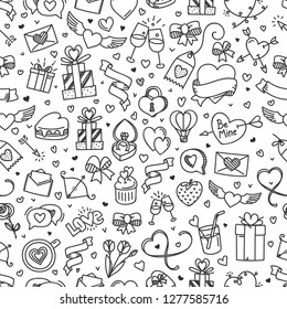 Valintaines Day nahtloses Muster. Valentinstag-Doodle-Vektorillustration