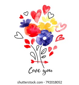 Valintine Day greeting card. Hearts and flowers painting. Love abstract design. Vector illustration