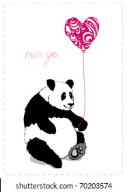 Valintine greeting card with lovely panda with pink heart0shaped baloon