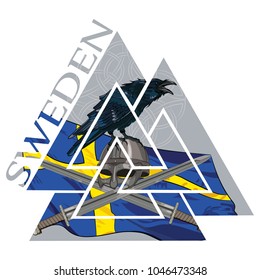 Valknut ancient pagan Nordic Germanic symbol, Sweden flag, Raven and Viking weapons, isolated on white, contain clipping mask, vector illustration