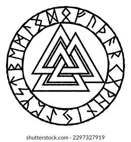 Valknut ancient Scandinavian symbol sign knot of fallen warriors, sign of Odin in a ring of runes. Vector illustration
