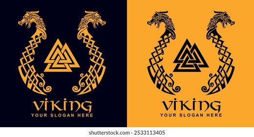 
A noz, também chamada de nó da morte. Inscrições Viking antigas. Runas e Símbolos Escandinavos do Deus Odin. Símbolo do viajante. Vetor isolado em duas cores com fundo duplo.