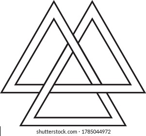 Valknut interlocking triangle magic sacred symbol from norse heathen religion. Black on white background