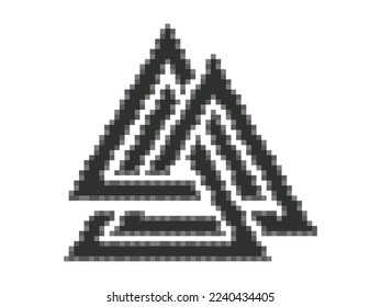 Valknut is a nordic symbol in pixel art style. Pixelated Valknut. Weaving three worlds. Style of 8-bit retro games from the 80s and 90s. Design for app, banner and poster. Vector illustration