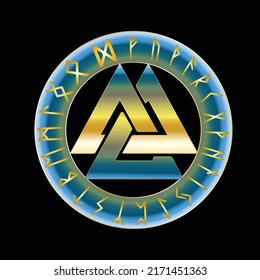 Valknut Odin Triangle, Triple delta viking amulet, Norse mythology inscripted with rune symbols Elder Futhark, colored chrome color and metallic gold isolated on black background. Votan knot, Wotan.