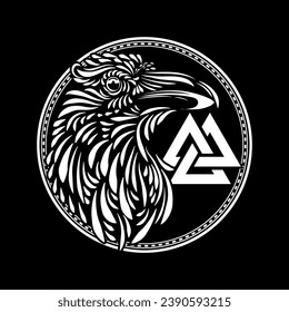 Valknut and Odin's ravens - munin and hugin inscription on the runes.
