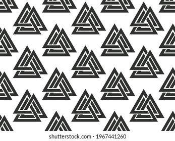 Valknut seamless pattern. Nordic symbol, an interweaving of three worlds. Sign of god Odin. Norse culture. Viking symbol for printing on paper, banner and advertising material. Vector illustration