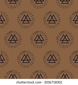 Valknut sign. Scandinavian amulet, symbol god Odin. Seamless pattern. Viking runes. Pagan vector. Celtic symbol of triangle. Nordic tattoos. Vector illustration on brown background