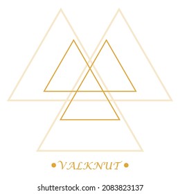 Valknut sign. Scandinavian amulet, symbol god Odin in golden color on white background. Line art. Isolated pagan vector. Nordic tattoos. Vector illustration