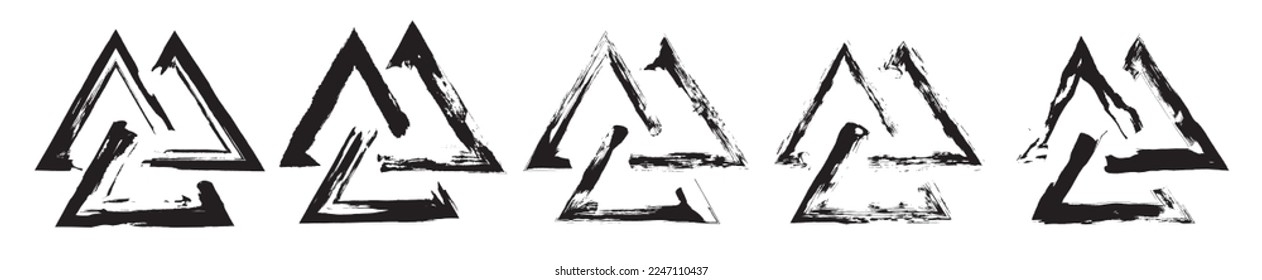 The valknut is a symbol consisting of three interlocked triangles. Set of Viking Age symbols. Black ink handwriting. Vector illustration symbols in grunge style