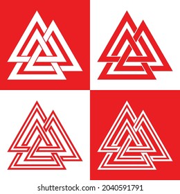 Valknut symbol set. Scandinavian amulet, sign god Odin. Pagan vector. Nordic tattoos. Line art. Isolated illustration on white background in red color