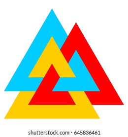 Valknut symbol in three colors, three interlocked triangles, logo design element