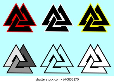  Valknut  symbol, Triangle logo, Viking Age symbol, Color set