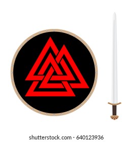 Valknut symbol of the world end of the tree Yggdrasil and viking sword. Sign of the god Odin. It refers to the Norse culture. Triangle logo. Viking Age symbol.