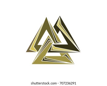 Valknut is a symbol of the world's end of the tree Yggdrasil. Sign of the god Odin. Norse culture. Triangle logo. Vector illustration