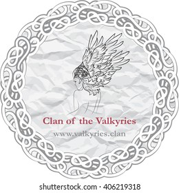 Valkyrie back with winged helmet in braided magic circle on the paper background. Boho style.