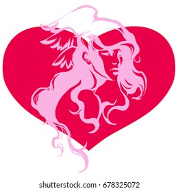 Valkyrie with curly hair and wings. Beautiful woman portrait on background of the heart. Vector colorful illustration.