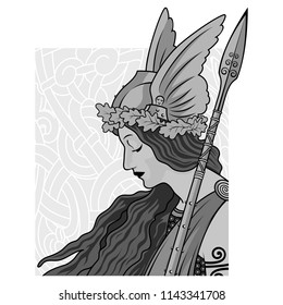Valkyrie, illustration to Scandinavian mythology, drawn in Art Nouveau style, isolated on white, vector illustration