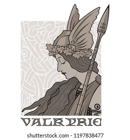 Valkyrie, illustration to Scandinavian mythology, drawn in Art Nouveau style, isolated on white, vector illustration