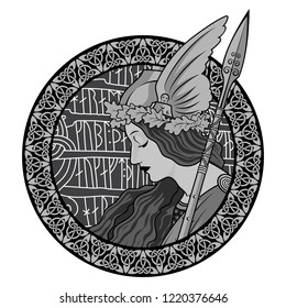 Valkyrie, illustration to Scandinavian mythology, drawn in Art Nouveau style, isolated on white, vector illustration svg