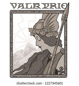 Valkyrie, illustration to Scandinavian mythology, drawn in Art Nouveau style, isolated on white, vector illustration