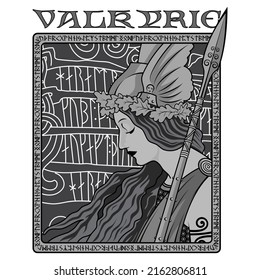 Valkyrie, illustration to Scandinavian mythology, drawn in Art Nouveau style, isolated on white, vector illustration