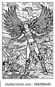 Valkyrie, North mythology maiden and dead warrior. Hand drawn vector illustration. Engraved line art drawing, black and white doodle. See all fantasy collection in my portfolio set. 