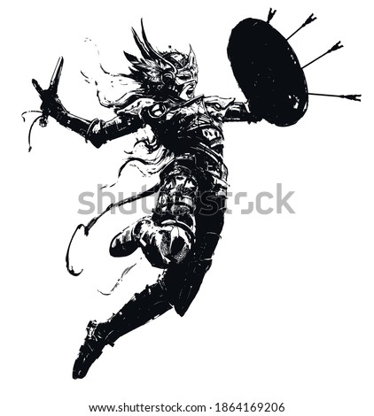 Valkyrie rushing into battle, in an epic leap with a sword and shield in which arrows stick out, she wears a helmet with wings, armor, her hair fluttering in the wind. 2D illustration