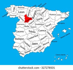 Valladolid map silhouette vector. Spain province. Spain with separated regions isolated on background. Spain autonomy areas map. Editable vector map of Spain.