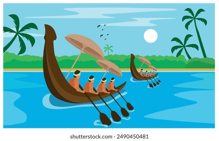 Vallam kali Kerala traditional boat race. Kerala Onam Greeting Card. vector illustration of onam. Happy Onam Festival concept with rowing a snake boat during the 'Onam' festival in Kerala, India