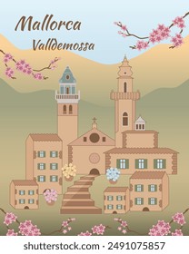 Valldemossa on the island of Mallorca, Balearic Islands, Mediterranean Sea, Spain. Serra de Tramuntana mountain range village with almond blossom in spring. Travel poster, hand drawn vector.