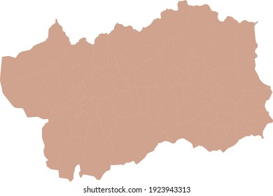 Valle d’Aosta map, division by provinces and municipalities. Closed and perfectly editable polygons, polygon fill and color paths editable at will. Levels. Political geographic map. Italy