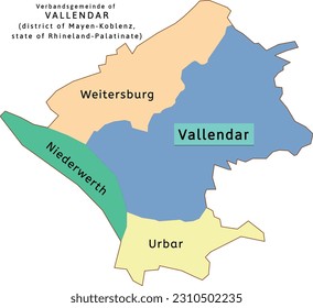 Vallendar verbandsgemeinde map of Mayen-Koblenz district Rhineland-Palatinate state in Germany. Vectored. Colors shamrock, concrete, polo blue, drover, orchid, silver, caramel