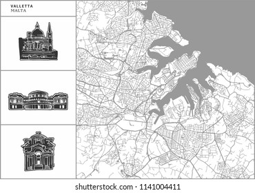 Valletta city map with hand-drawn architecture icons. All drawigns, map and background separated for easy color change. Easy repositioning in vector version.