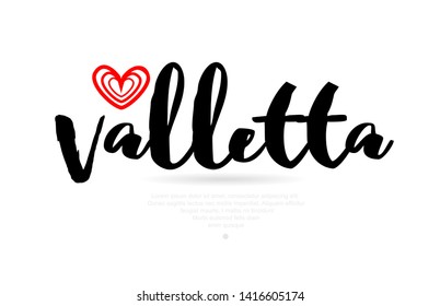 Valletta city text with red love heart design for typographic icon design suitable for touristic promotion