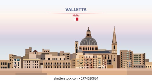 Valletta cityscape on sunset sky background vector illustration with country and city name and with flag of Malta