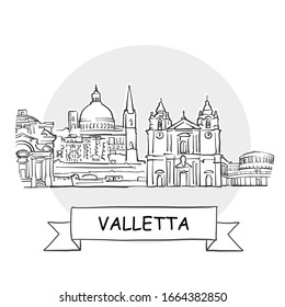 Valletta Cityscape Vector Sign. Line Art Illustration with Ribbon and Title.