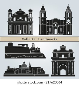 Valletta landmarks and monuments isolated on blue background in editable vector file