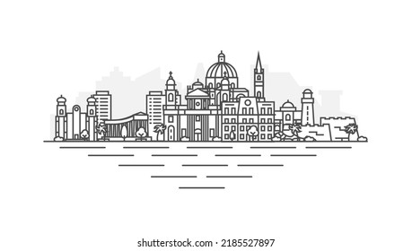 Valletta, Malta architecture line skyline illustration. Linear vector Kiev cityscape with famous landmarks, city sights, design icons. Landscape with editable strokes.