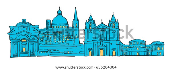 Valletta Malta Colored Panorama Filled Blue Stock Vector Royalty Free