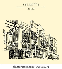 Valletta, Malta, Europe. Artistic vector illustration. Pedestrian street in old town. Travel sketch drawing. Poster, postcard template with "Valletta Malta" hand lettering. Nice historical buildings