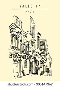 Valletta, Malta, Europe. Artistic vector illustration. Pedestrian street in old town. Travel sketch drawing. Poster, postcard template with "Valletta Malta" hand lettering. Nice historical buildings