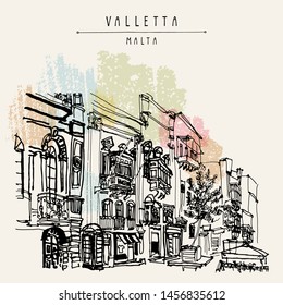 Valletta, Malta, Europe. Pedestrian street in old town. Nice historical buildings. Travel sketch drawing. Hand drawn poster, postcard template, book vector illustration
