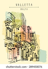 Valletta, Malta, Europe. Vector illustration. View of the pedestrian street in old town. Travel sketch drawing. Poster, postcard template with copy space, hand lettering. Nice historical buildings