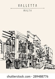 Valletta, Malta, Europe. Vector illustration. View of the pedestrian street in  old town.  Travel sketch drawing. Poster, postcard template with copy space, hand lettering. Nice historical buildings