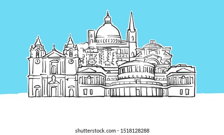 Valletta Malta Lineart Vector Sketch. and Drawn Illustration on blue background.