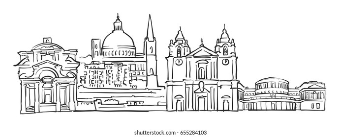 Valletta, Malta, Panorama Sketch, Monochrome Urban Cityscape Vector Artprint