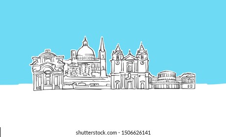 Valletta, Malta Skyline Panorama Vector Sketch. Hand-drawn Illustration on blue background.