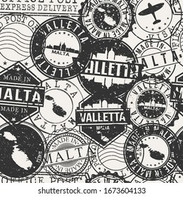 Valletta, Malta Stamps Background. A City Stamp Vector Art. Set of Postal Passport Travel. Design Set Pattern.